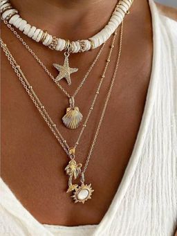 OOMPH - Women White Sea Shell Multi Layered Design Necklace