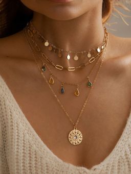 OOMPH - Women Gold Tone Coin Charm Multi Layered Delicate Necklace