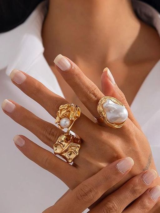 OOMPH Women Gold Tone White Pearl Fashion Rings (Pack of 3)