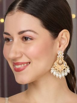 OOMPH - Women White Kundan and Pearls Gold Tone Drop Earrings