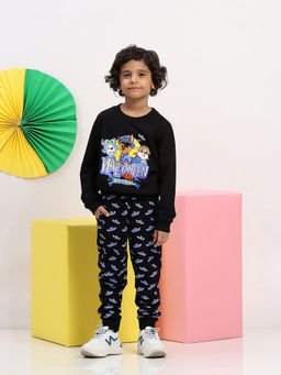 Spunkies - Cotton Terry Printed Boys Full Sleeve Black Sweatshirt & Joggers (Set of 2)