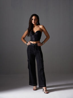 Miss Chase - Women Black Wide-Leg High-Rise Patch-Pocketed Denim Jeans