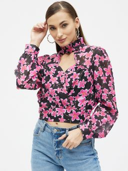 Kibo - Women Georgette High Neck Frill Crop Top