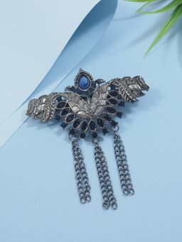 I Jewels - Silver Oxidized Safa Kalangi Brooch For Groom Blue