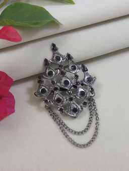 I Jewels - Silver Oxidized Safa Kalangi Brooch For Groom Wine