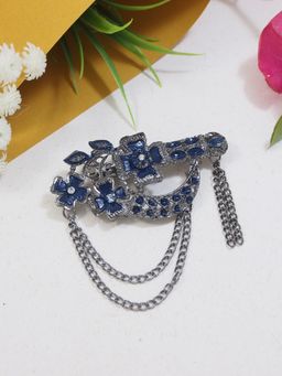 I Jewels - Silver Oxidized Safa Kalangi Brooch For Groom Blue