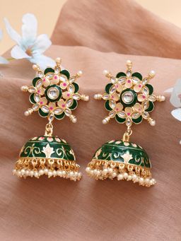 Karatcart - Gold Plated Floral Design Green Meena and Pearl Jhumki Earrings for Women