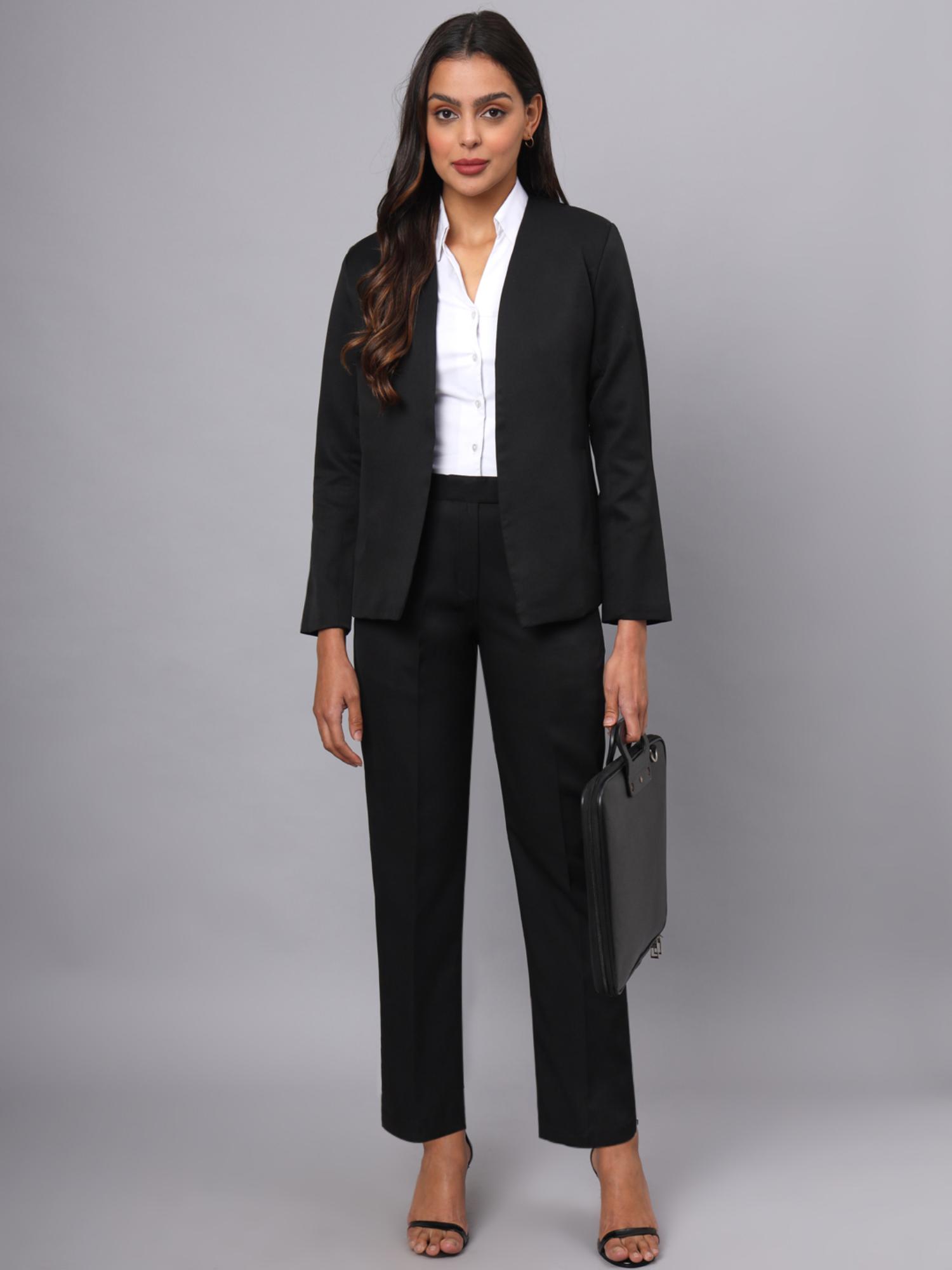 brinns Black Plus Size Women Collarless Neck Open Front Blazer with Trouser Formal Suit (Set of 2)-picture-14