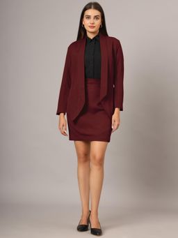 BRINNS - Burgundy Plus Size BRINNS Shawl Collar Blazer and Skirt Formal Suit (Set of 2)