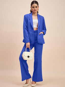 BRINNS - Blue Plus Size Women Solid Notched Collar Single-Breasted Blazer with Trouser Formal Suit (Set of 2)