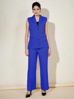 BRINNS - Blue Plus Size Women Notched Lapel Sleeveless Blazer with Trouser Formal Suit (Set of 2)