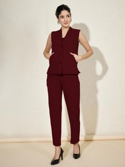 BRINNS - Burgundy Plus Size Women V-Neck Single-Breasted Waistcoat and Trouser Formal Suit (Set of 2)