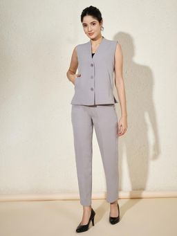 BRINNS - Grey Plus Size Women V-Neck Single-Breasted Waistcoat and Trouser Formal Suit (Set of 2)