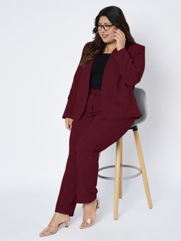 BRINNS - Burgundy Women Plus Size Collarless Neck Open Front Blazer with Trouser Formal Suit (Set of 2)