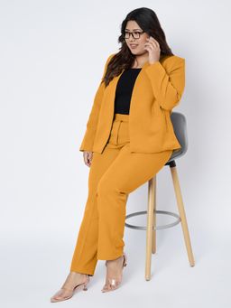 BRINNS - Mustard Women Plus Size Collarless Neck Open Front Blazer with Trouser Formal Suit (Set of 2)