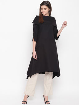 Fabnest - Cotton Flex Black Asymmetrical Hem Kurta