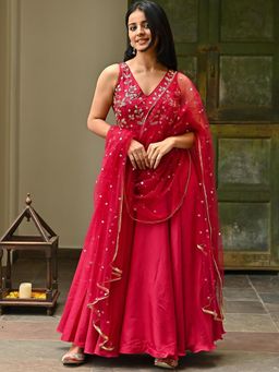 Lavanya The Label - Pink Silk Handwork Anarkali (Set of 3)