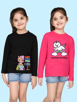 Nusyl - Cartoon and Cat Printed Black and Hot Pink Girl's T-Shirt (Pack of 2)