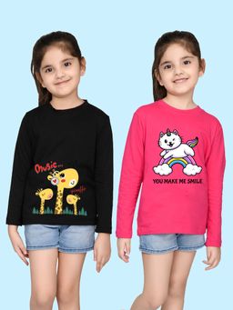 Nusyl - Cat and Giraffe Printed Black and Hot Pink Girl's T-Shirt (Pack of 2)