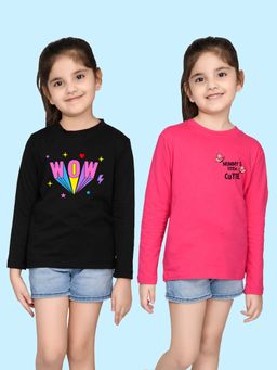 Nusyl - Wow and Mummy's Printed Black and Hot Pink Girl's T-Shirt (Pack of 2)