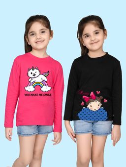 Nusyl - Cat and Girl Printed Black and Hot Pink Girl's T-Shirt (Pack of 2)
