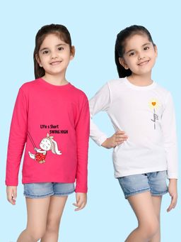 Nusyl - Graphic and Cartoon Printed White and Hot Pink Girl's T-Shirt (Pack of 2)