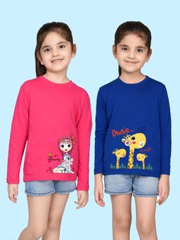 Nusyl - Animal and Giraffe Printed Hot Pink and Royal Blue Girl's T-Shirt (Pack of 2)