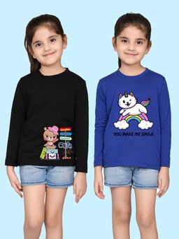 Nusyl - Cat and Cartoon Printed Black and Royal Blue Girl's T-Shirt (Pack of 2)