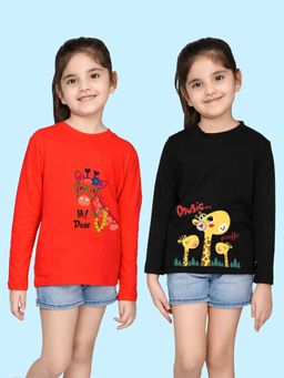 Nusyl - Zebra and Giraffe Printed Red and Black Girl's T-Shirt (Pack of 2)