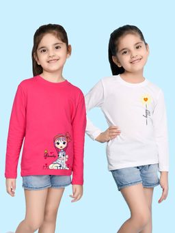 Nusyl - Cartoon and Flower Printed Hot Pink and White Girl's T-Shirt (Pack of 2)