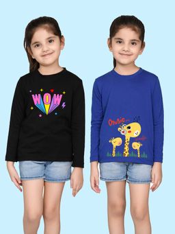 Nusyl - Text and Giraffe Printed Black and Royal Blue Girl's T-Shirt (Pack of 2)