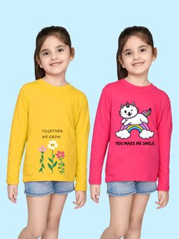 Nusyl - Animal and Graphic Printed Yellow and Hot Pink Girl's T-Shirt (Pack of 2)