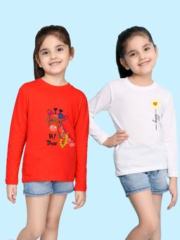 Nusyl - Zebra and Flower Printed White and Red Girl's T-Shirt (Pack of 2)