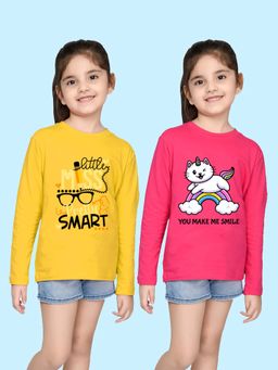 Nusyl - Graphic and Animal Printed Yellow and Hot Pink Girl's T-Shirt (Pack of 2)