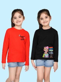 Nusyl - Text and Cartoon Printed Red and Black Girl's T-Shirt (Pack of 2)