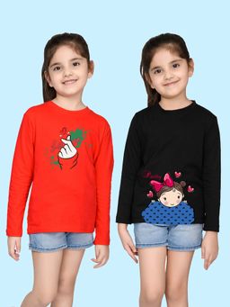 Nusyl - Graphic and Girl Printed Red and Black Girl's T-Shirt (Pack of 2)