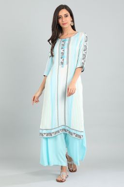 Aurelia - Blue Round Neck Mock Placket Kurta