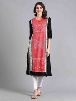 W - Red Round Neck Printed Kurta