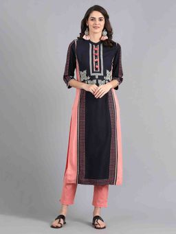 W - Blue Mandarin Neck Printed Kurta