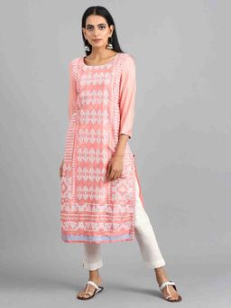 W - Pink Round Neck Printed Kurta