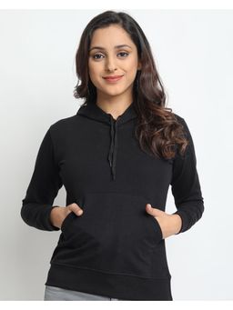 JUNEBERRY - Cotton Solid Black Hooded Full Sleeve Sweatshirt