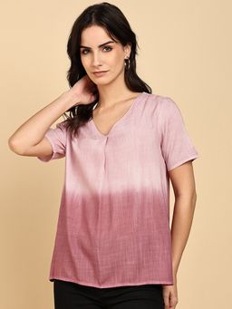Maaesa - Rayon Slub Tie and Dye V-Neck Short Sleeves Pink Top