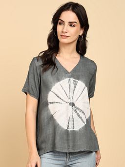 Maaesa - Rayon Slub Tie and Dye V-Neck Short Sleeves Grey Top