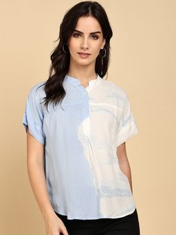 Maaesa - Rayon Slub Tie and Dye Mandarin Short Sleeves Blue Top