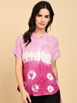 Maaesa - Rayon Slub Tie and Dye Mandarin Short Sleeves Pink Top