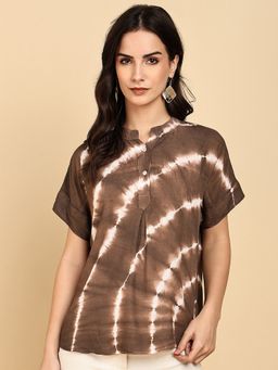 Maaesa - Rayon Slub Tie and Dye Mandarin Short Sleeves Brown Top