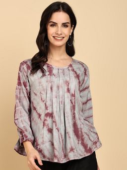 Maaesa - Rayon Staple Tie and Dye Round Neck 3/4 Sleeves Grey Top