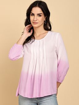 Maaesa - Rayon Staple Tie and Dye Round Neck 3/4 Sleeves Pink Top