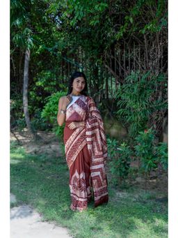 Moora - Cocoa Charm - Brown Batik Pure Saree With Unstitched Blouse