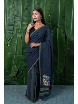 Moora - Blooming Navy Blue Embroidered Saree with Unstitched Blouse